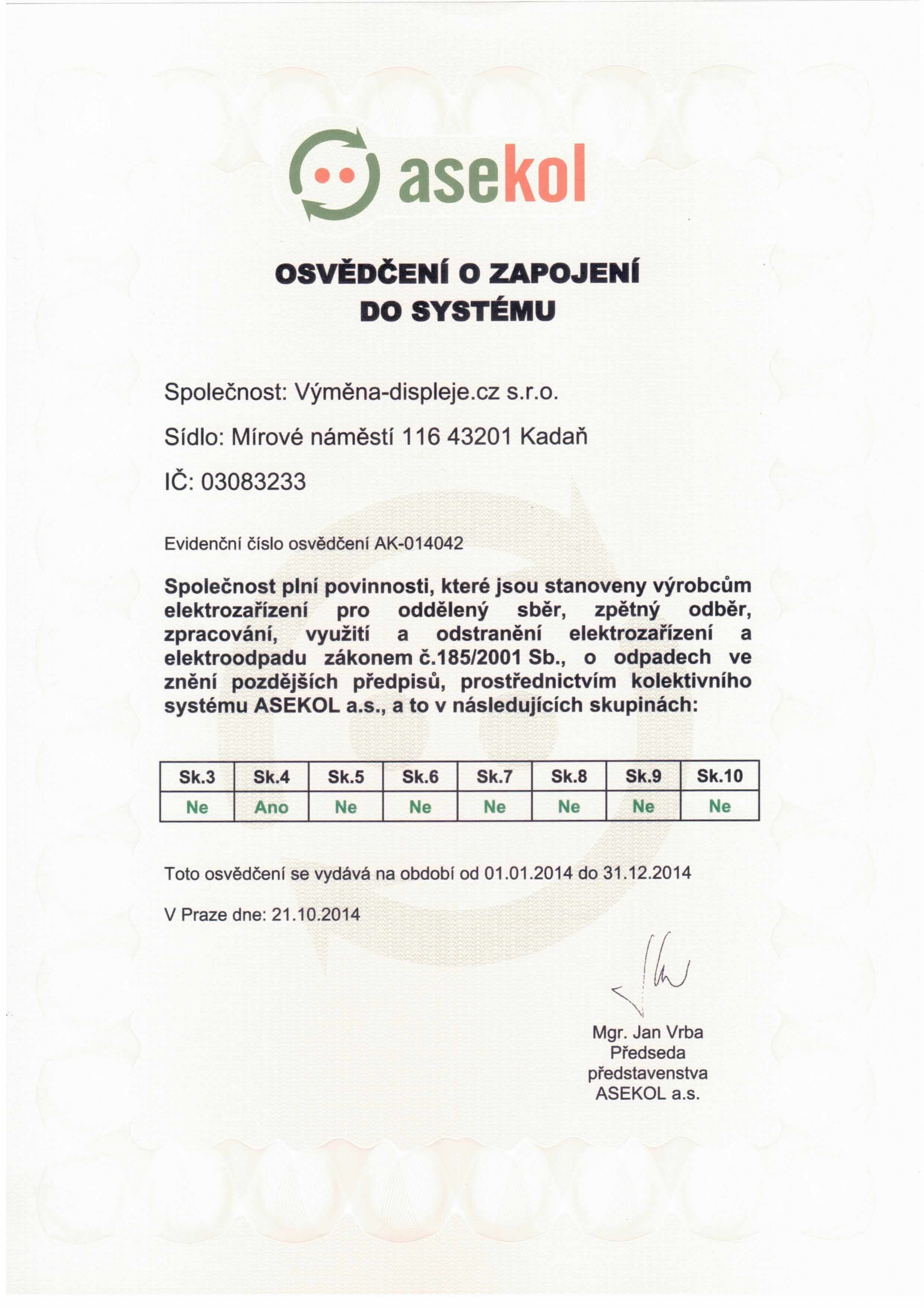 Certifikát ASEKOL 2015 Výměna-displeje.cz s.r.o.